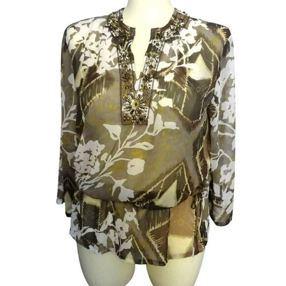 Chico's Lg Polyester Floral Sheer Pullover Blouse with 3/4 Sleeves and Beading - Picture 2 of 9